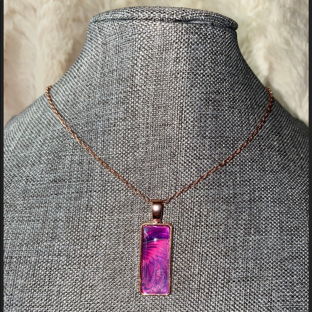 Hand painted Abstract Acrylic fluid pour art pendant necklace pink purple